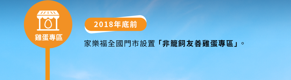 雞蛋專區：2018年底前——家樂福全國門市設置「非籠飼友善雞蛋專區」。