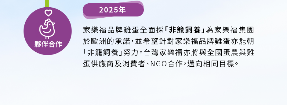 夥伴合作：2025年底前——家樂福品牌雞蛋全面採「非籠飼養」為家樂福集團於歐洲的承諾，並希望針對家樂福品牌雞蛋亦能朝「非籠飼養」努力。台灣家樂福亦將與全國蛋農與雞蛋供應商及消費者、NGO合作，邁向相同目標。