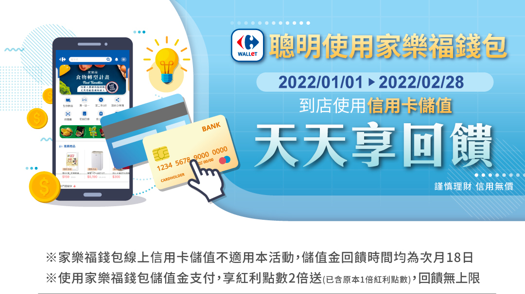 聰明使用家樂福APP 2022/01/01到06/30 到店使用信用卡儲值家樂福錢包 天天享回饋 儲値金回饋時間均為次月18日。使用家樂福錢包儲值金支付,享紅利點數2倍送(已含原本1倍紅利點數)” 回饋無上限